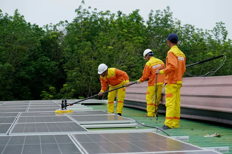Crew cleaning rooftop solar panels